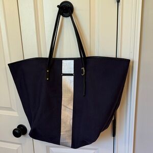 Kempton & Co Navy Urban Beach Tote Silver stripe canvas leather handles